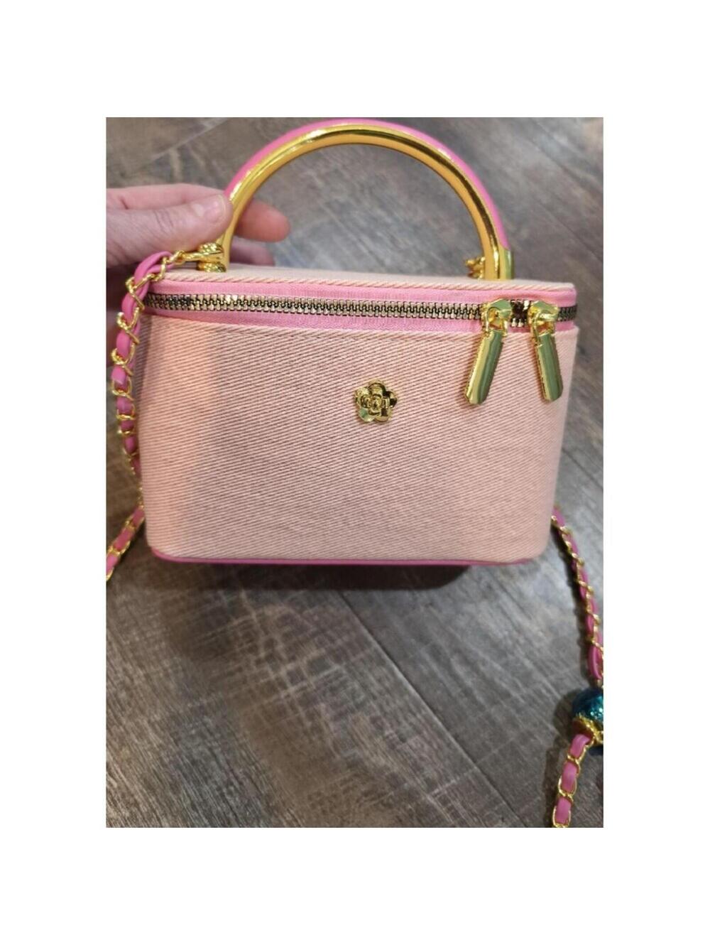 Pink Beige Shoulder Bag Gold Chain Strap Bag Charm Top Handle Women Rectangle